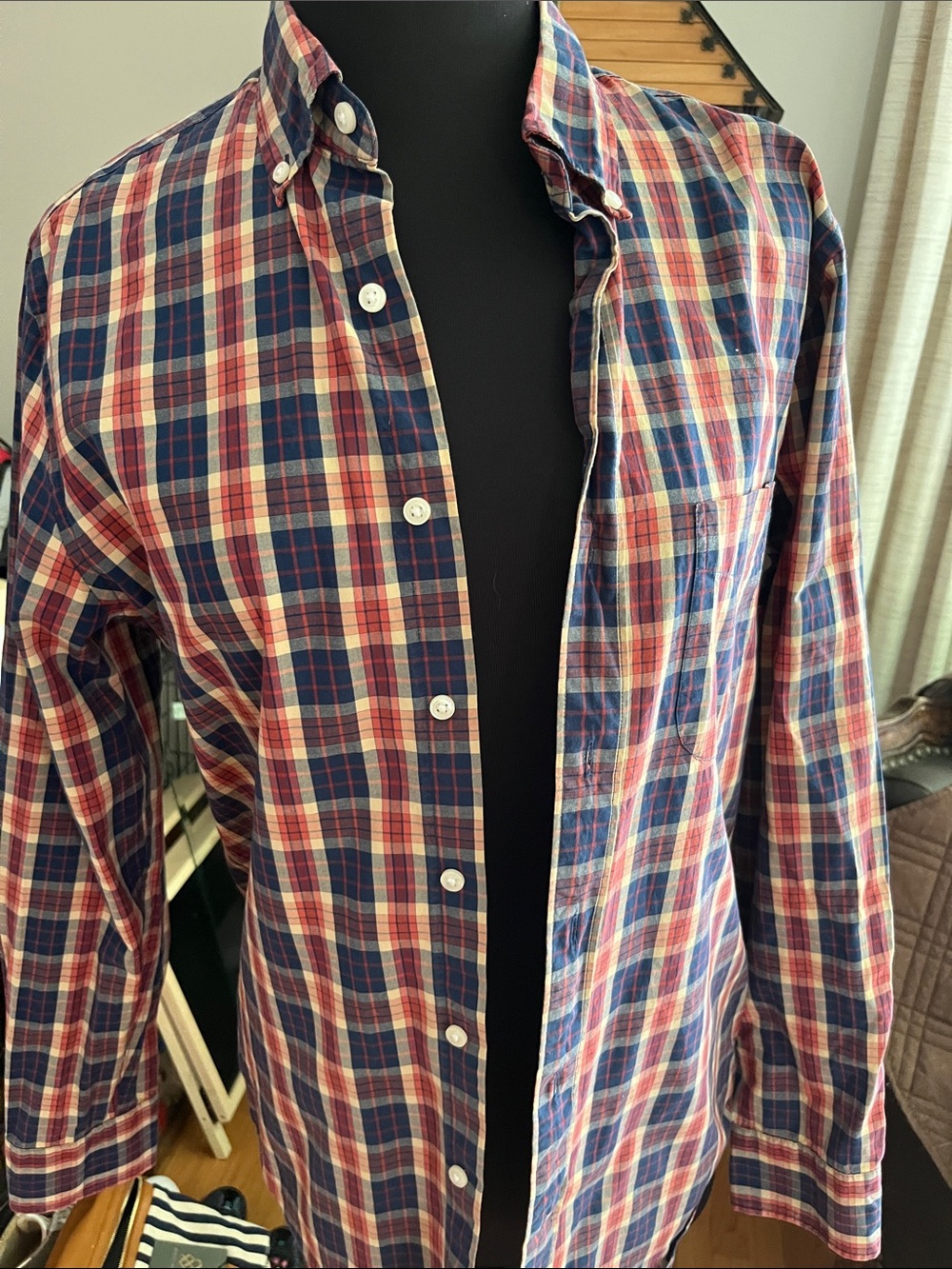 J. Crew Men's Navy and Red Plaid Button-Down Shirt